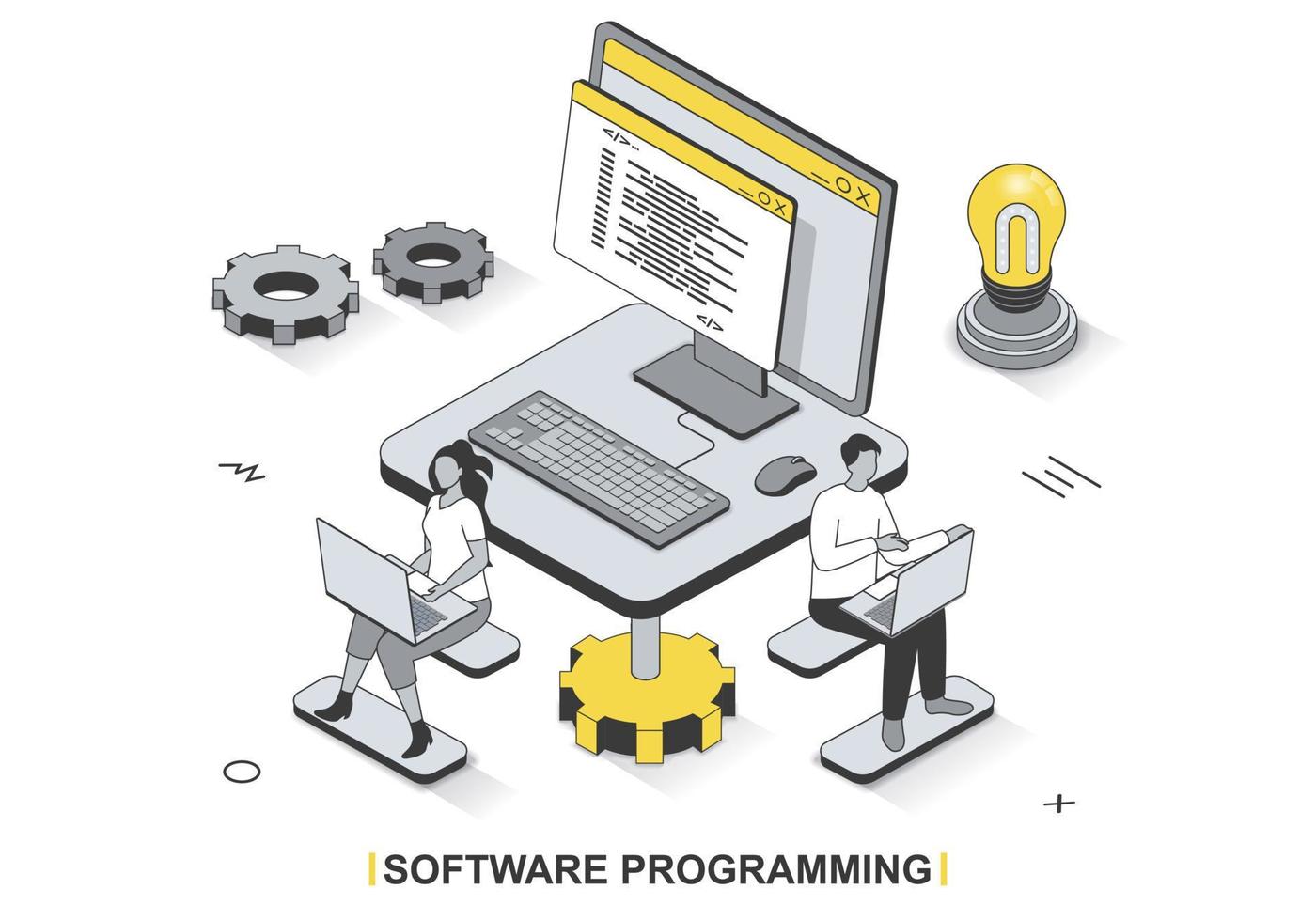 Software programming concept in 3d isometric outline design. Development team programs, tests and optimizes computer programs, works in office, line web template. Vector illustration with people scene