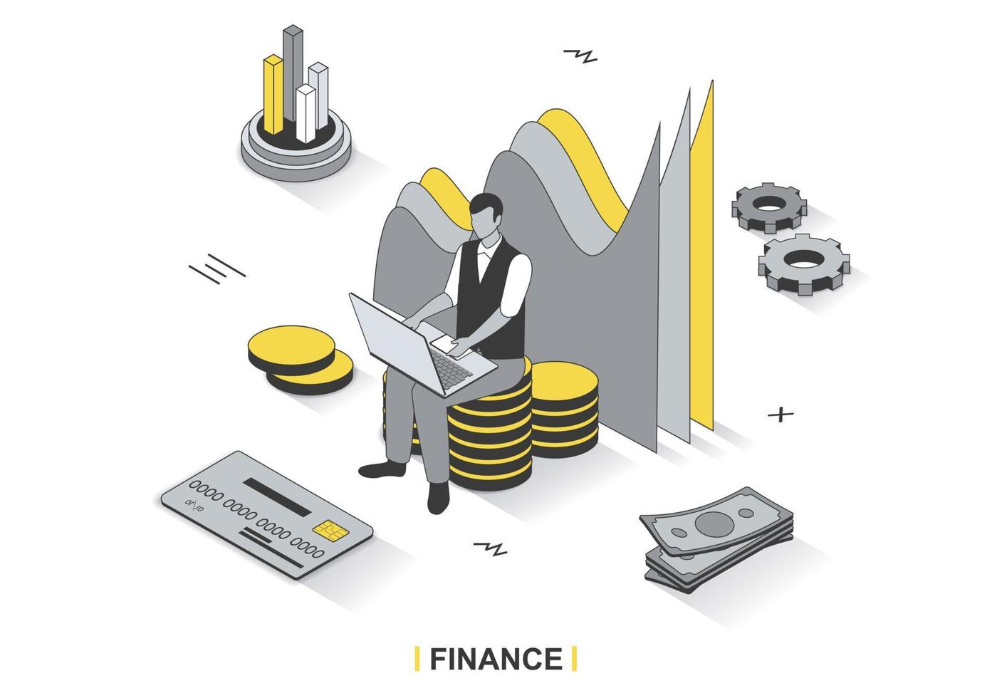 Finance concept in 3d isometric outline design. Man analyzes financial statistics, invests money, increases profit, auditing and accounting, line web template. Vector illustration with people scene