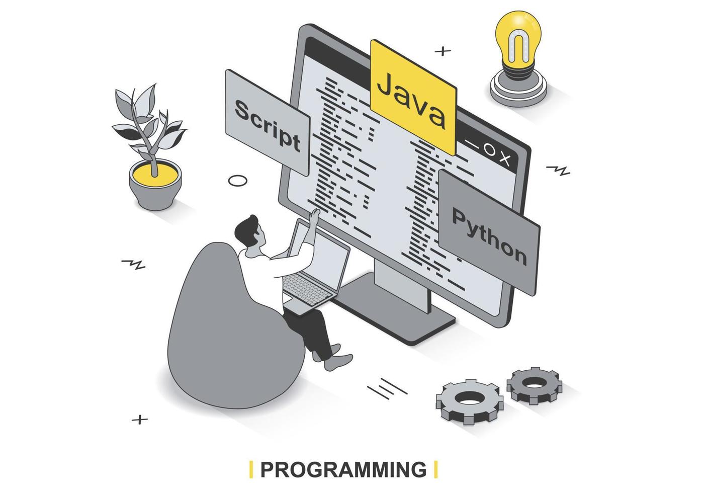 Programming concept in 3d isometric outline design. Developer works with code, coding in Java and Python, writes scripts, develops software, line web template. Vector illustration with people scene