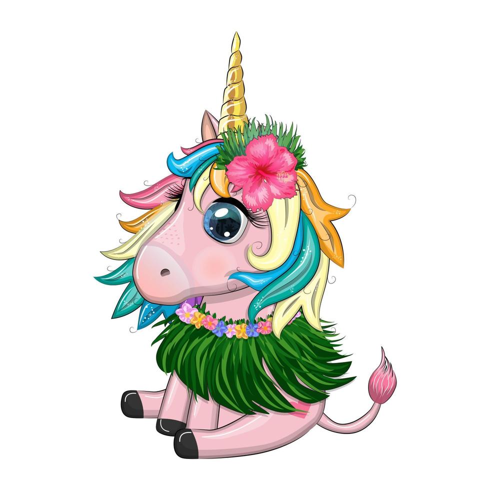 Cute cartoon unicorn dressed as a hula dancer, Hawaii, ready to go character. Summer, sea, palm trees, beach vector