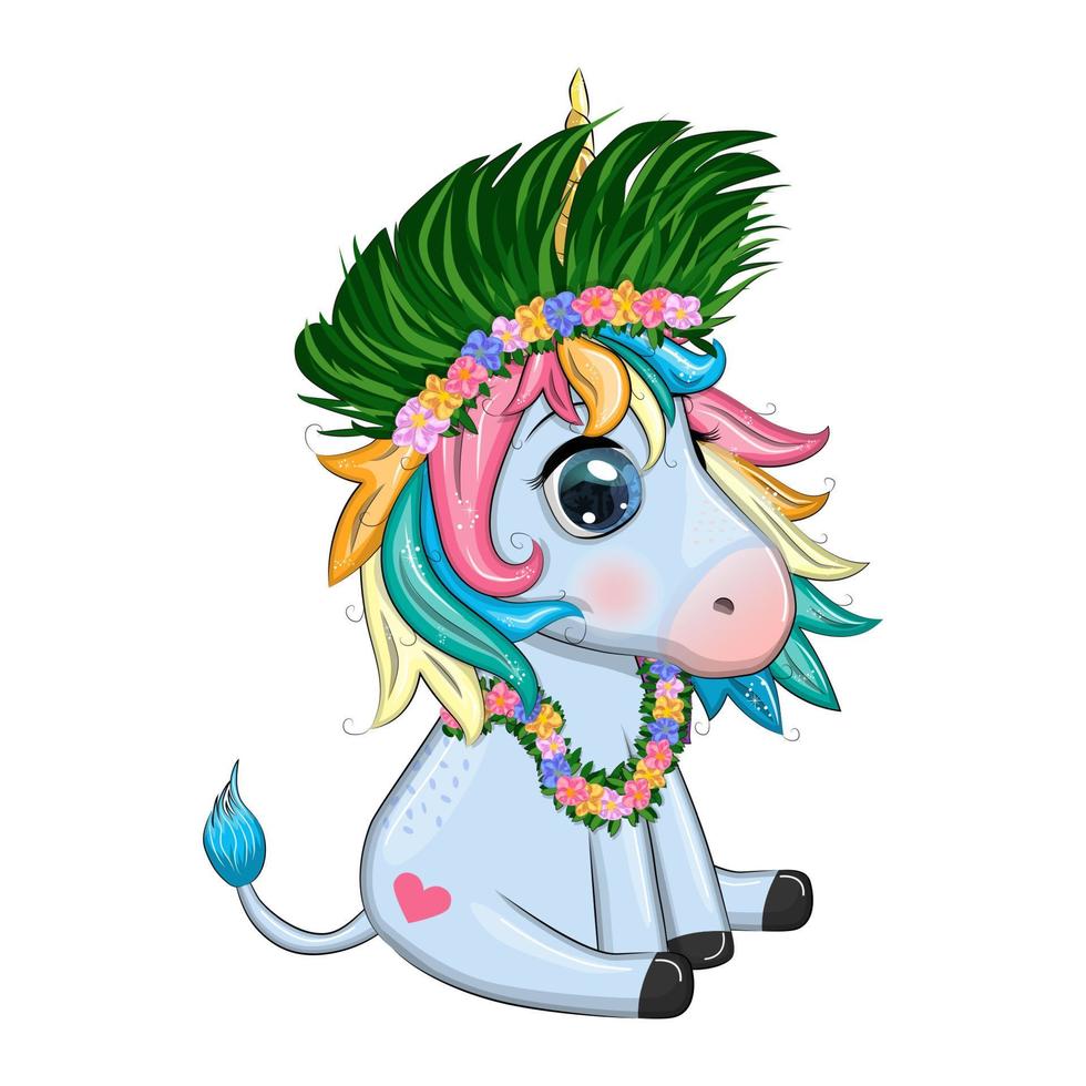 Cute cartoon unicorn dressed as a hula dancer, Hawaii, ready to go character. Summer, sea, palm trees, beach vector