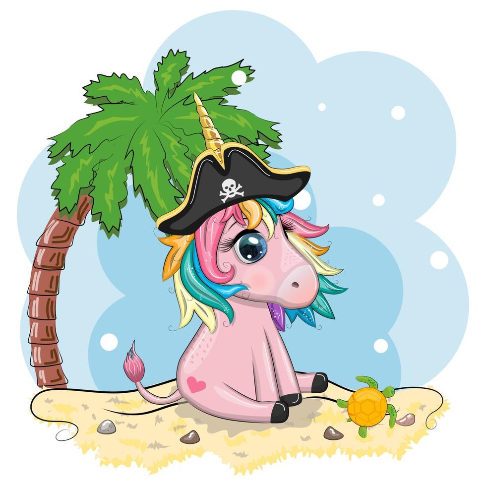 Cute cartoon unicorn wearing a pirate hat and eye patch. Summer, sea, palm, beach vector