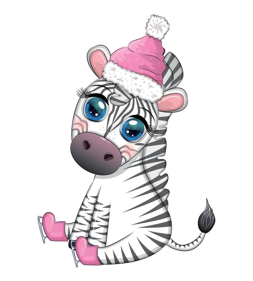 Cute zebra in a hat and scarf, winter. Wildlife Holidays Cartoon Character vector