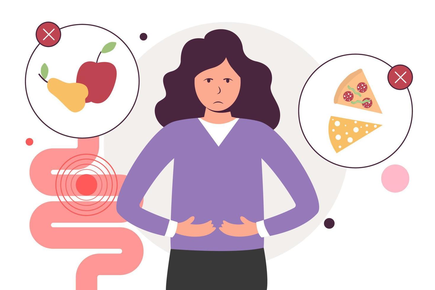 Character with food allergy. Problem with stomach. Hypersensitivity to components of the food vector