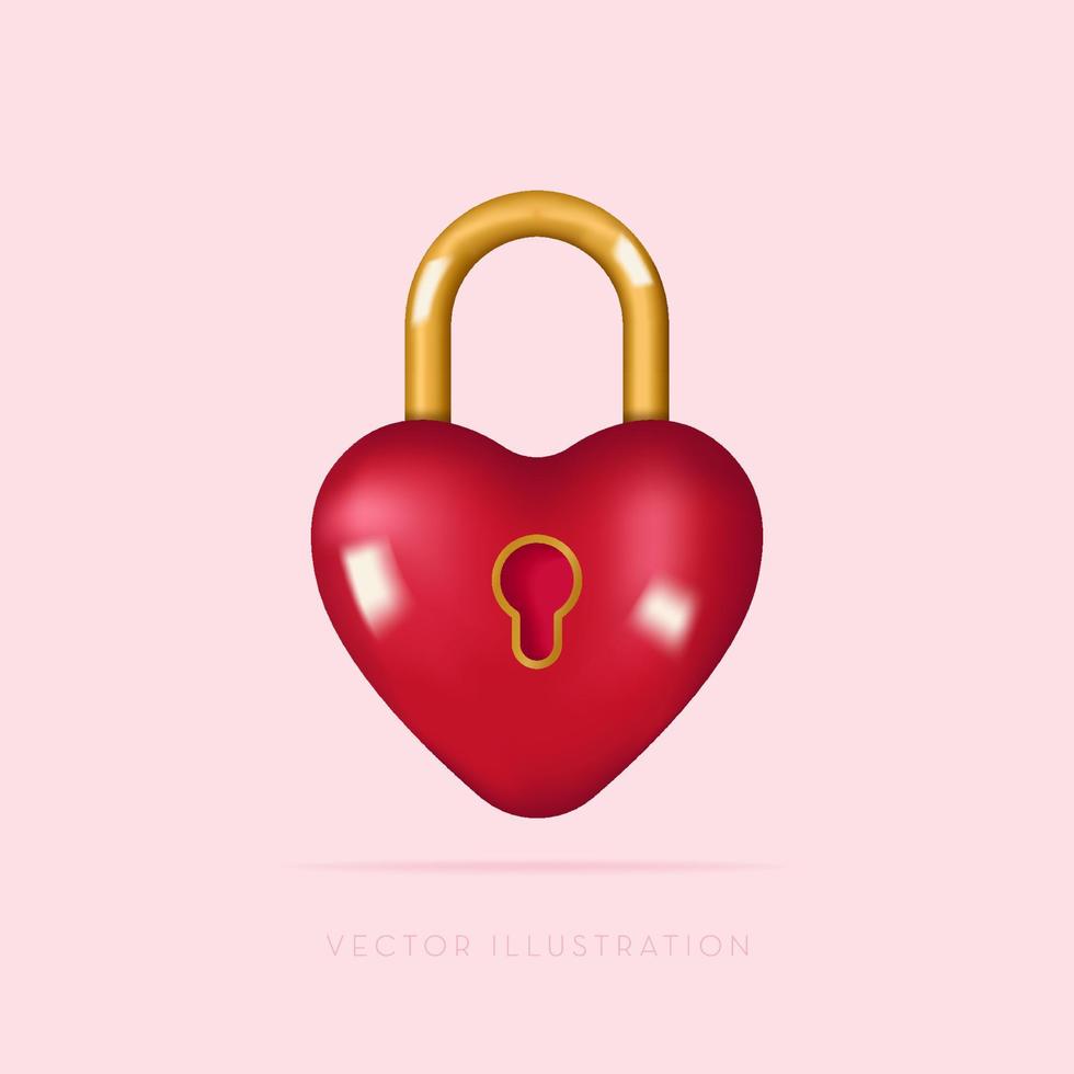 Keyhole in heart form, Dark pink golden padlock. Symbol of love. Be my Valentine. Vector illustration in minimal 3D style