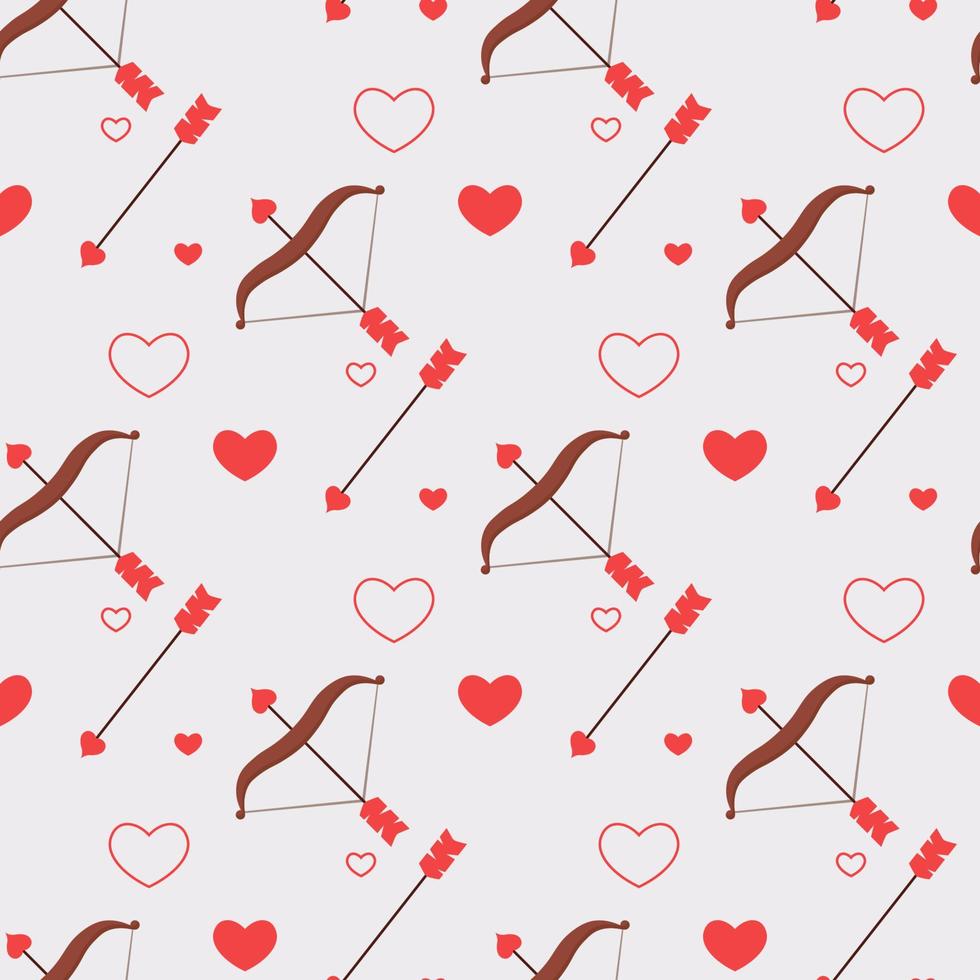 Romantic seamless pattern with Bow and arrow and hearts. Valentines Day symbol. Vector illustration in a cute flat style