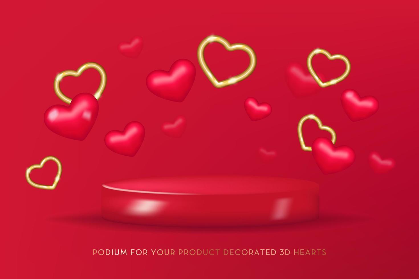 3d Podium with red and golden hearts. 3D minimal realistic vector