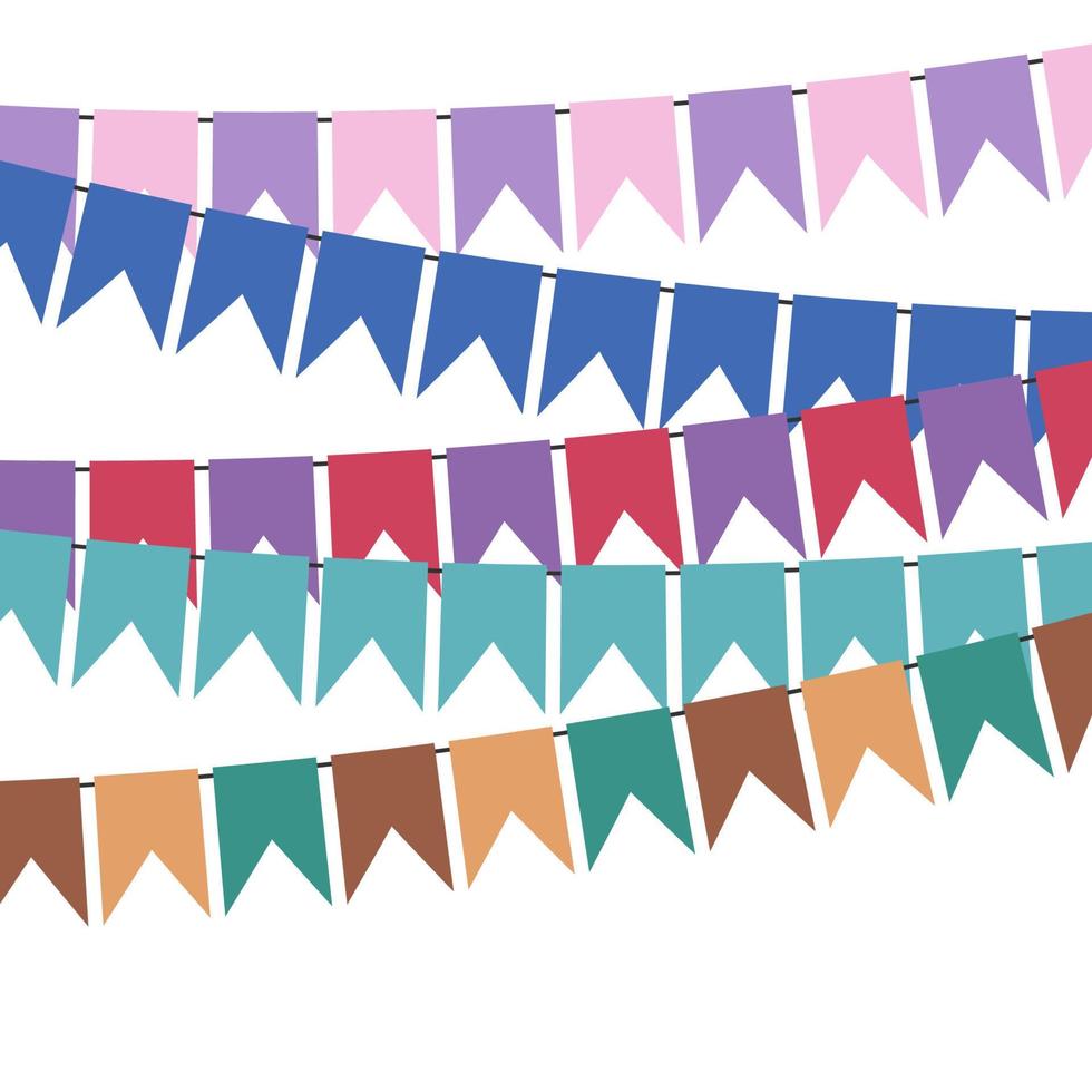 Colorful flags and bunting garlands for decoration. Decor elements with various patterns. Vector illustration