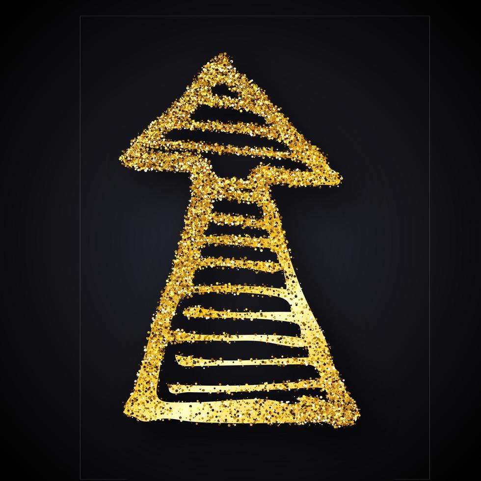 Gold glitter hand drawn arrow. Doodle arrow with gold glitter effect on dark background. Vector illustration