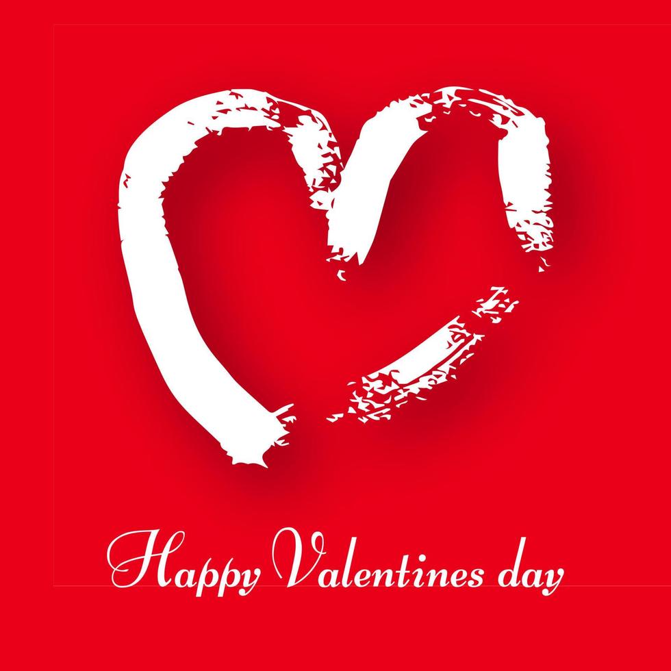 Hand drawn heart on red background. White grunge doodle heart with shadow. Romantic love symbol. Vector illustration.