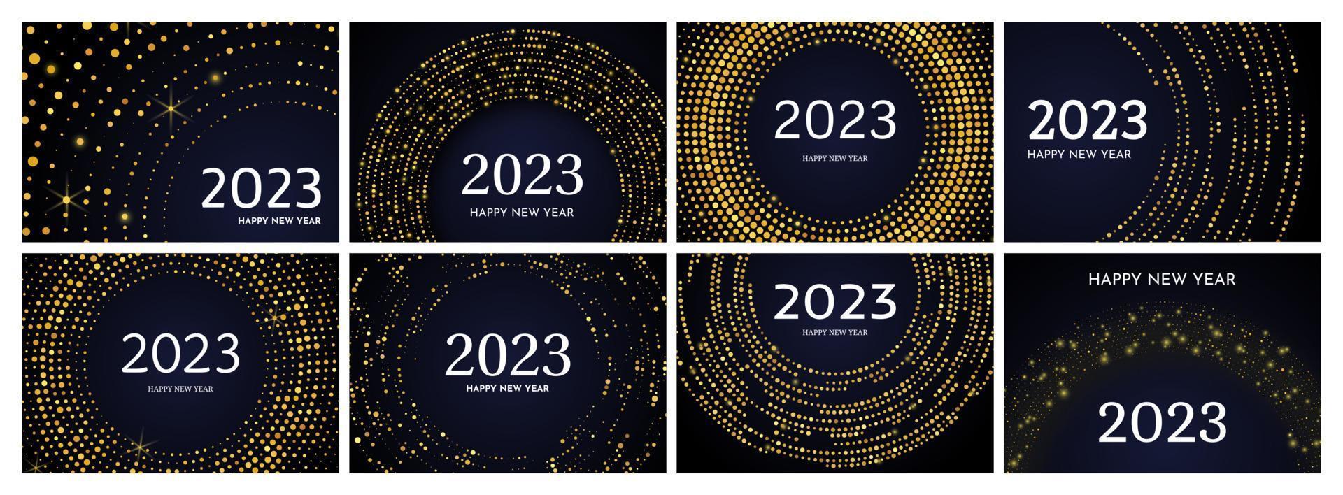 2023 Happy New Year of gold glitter pattern in circle form. Set of abstract gold glowing halftone dotted backgrounds for Christmas holiday greeting card on dark background. Vector illustration