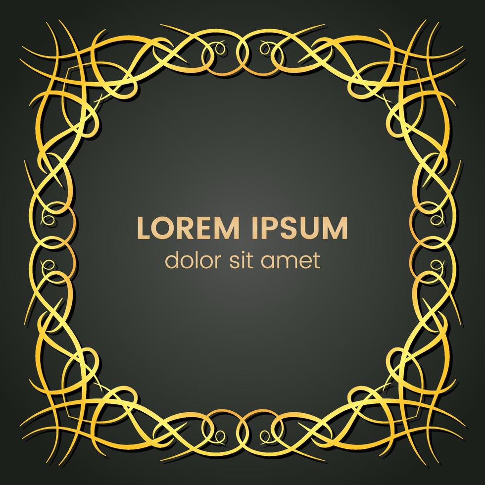 A square golden monogram element on a dark background. Vector illustration.