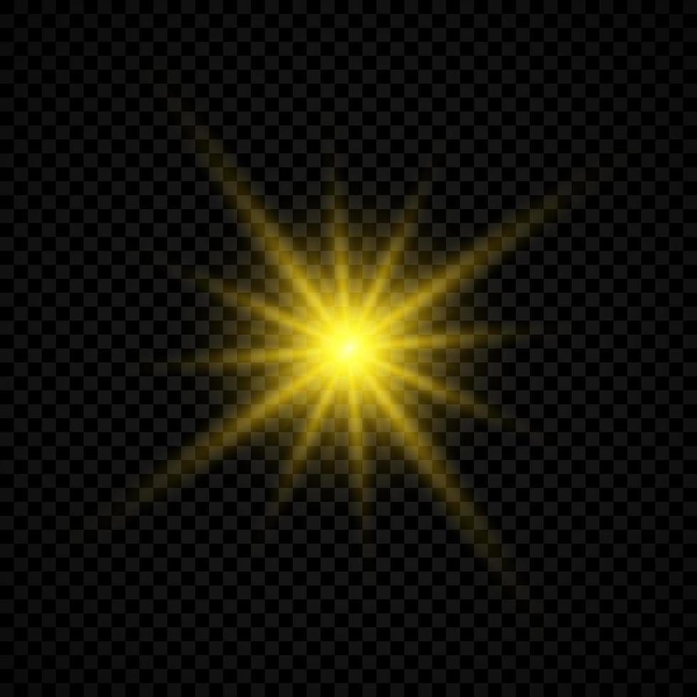 Light effect of lens flares. Yellow glowing lights starburst effects with sparkles on a transparent background. Vector illustration