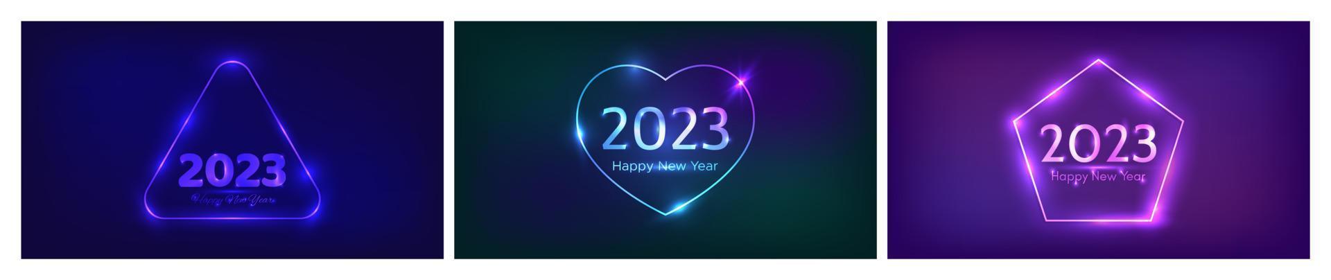 2023 feliz año nuevo fondo de neón. conjunto de tres fondos de neón con diferentes marcos geométricos con efectos brillantes e inscripción feliz año nuevo. fondo oscuro para navidad vector