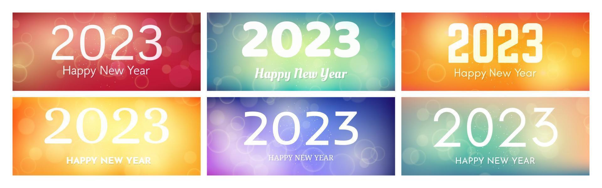 inscripción de feliz año nuevo 2023 sobre fondo borroso. conjunto de seis antecedentes de año nuevo. números blancos sobre fondo con confeti, bokeh y destello de lente. ilustración vectorial vector