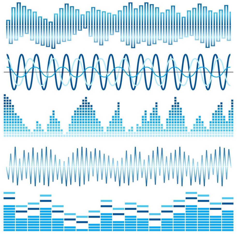 conjunto vectorial de ondas sonoras azules. ecualizador de sonido ondas de sonido y audio aisladas sobre fondo blanco vector