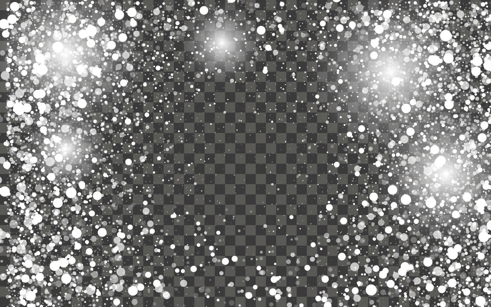 Snowfall and falling snowflakes on dark transparent background. White snowflakes and Christmas snow. Vector illustration