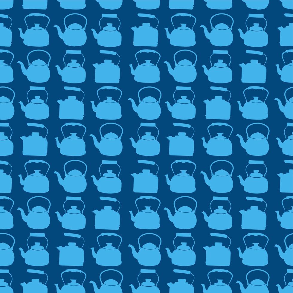 Seamless Blue Pattern with Kettle. Vector background with different teapots. Endless kitchen texture.