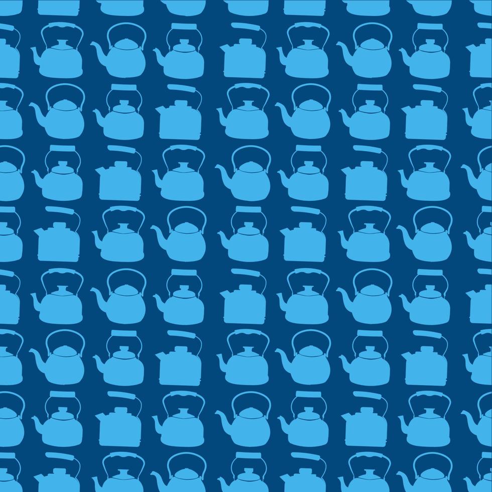 Seamless Blue Pattern with Kettle. Vector background with different teapots. Endless kitchen texture.