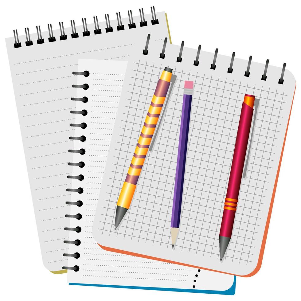 Three notebooks, yellow pen, red pen and purple pencil on a white background vector