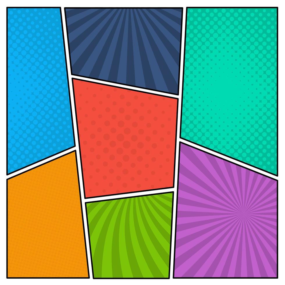 Colorful comic book page background in pop art style. Empty template with rays and dots pattern. Vector illustration