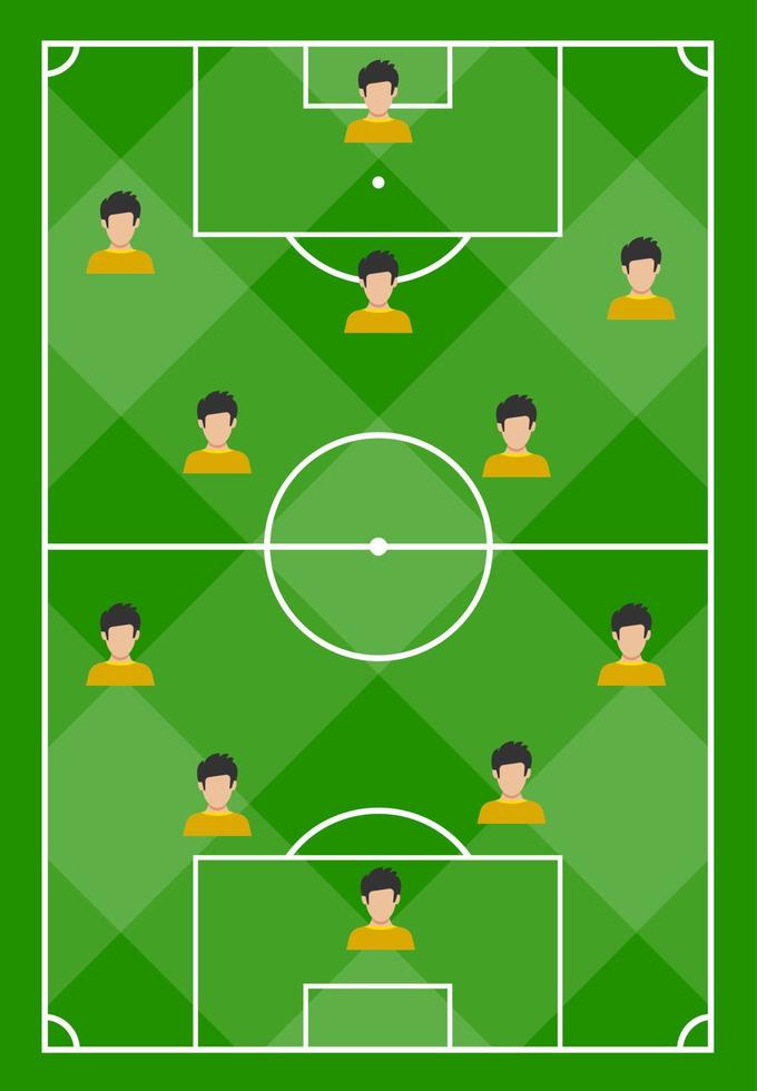 Football field with green grass and with eleven players. Vector illustration