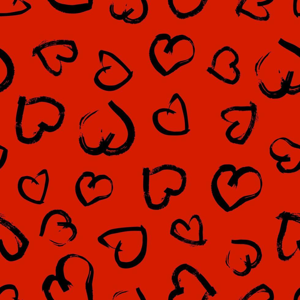 Seamless pattern with hand drawn hearts. Doodle grunge black hearts on red background. Vector illustration.