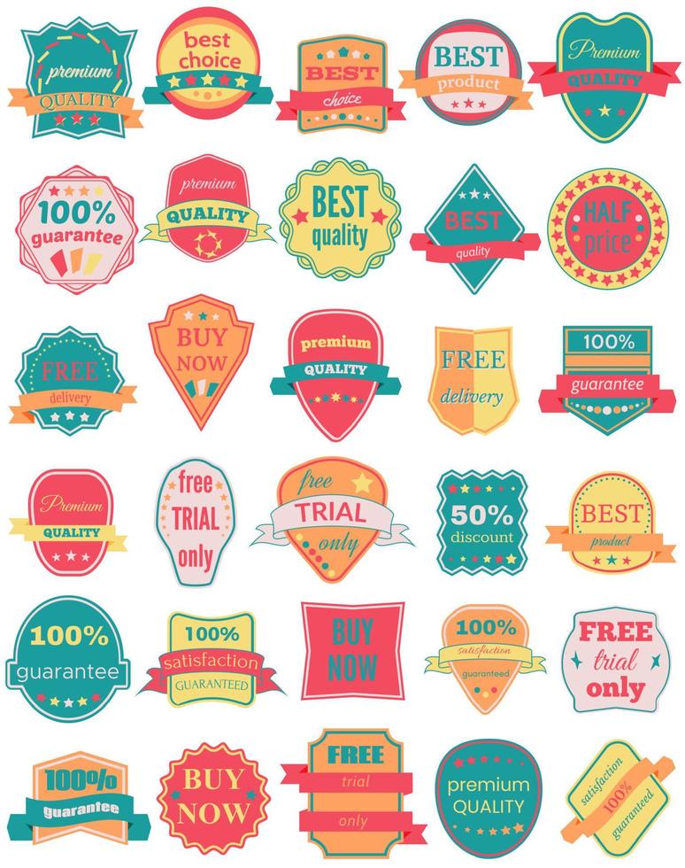Set of Thirty Vector Badges with Ribbons. Web stickers and labels. Isolated vector illustration.