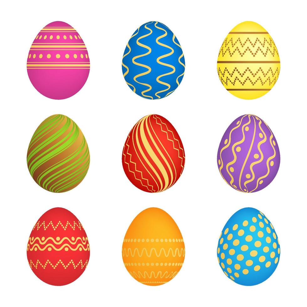 Set of Nine Easter eggs with different colorful texture on a white background. Vector illustration