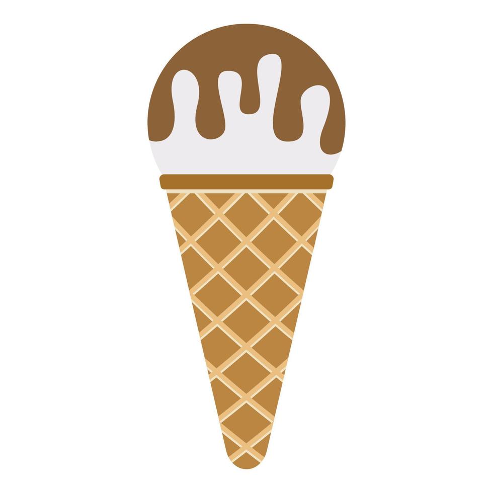 Ice cream ball with chocolate in a waffle horn. Vector illustration.