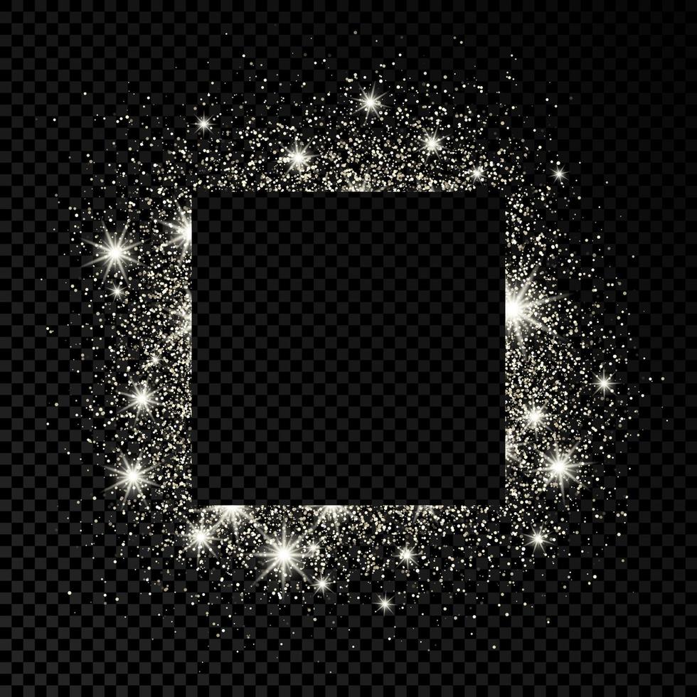 Square frame with silver glitter on dark transparent background. Empty background. Vector illustration.