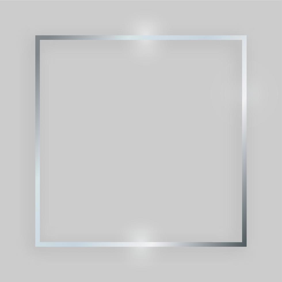 Shiny frame with glowing effects. Silver square frame with shadow on grey background. Vector illustration