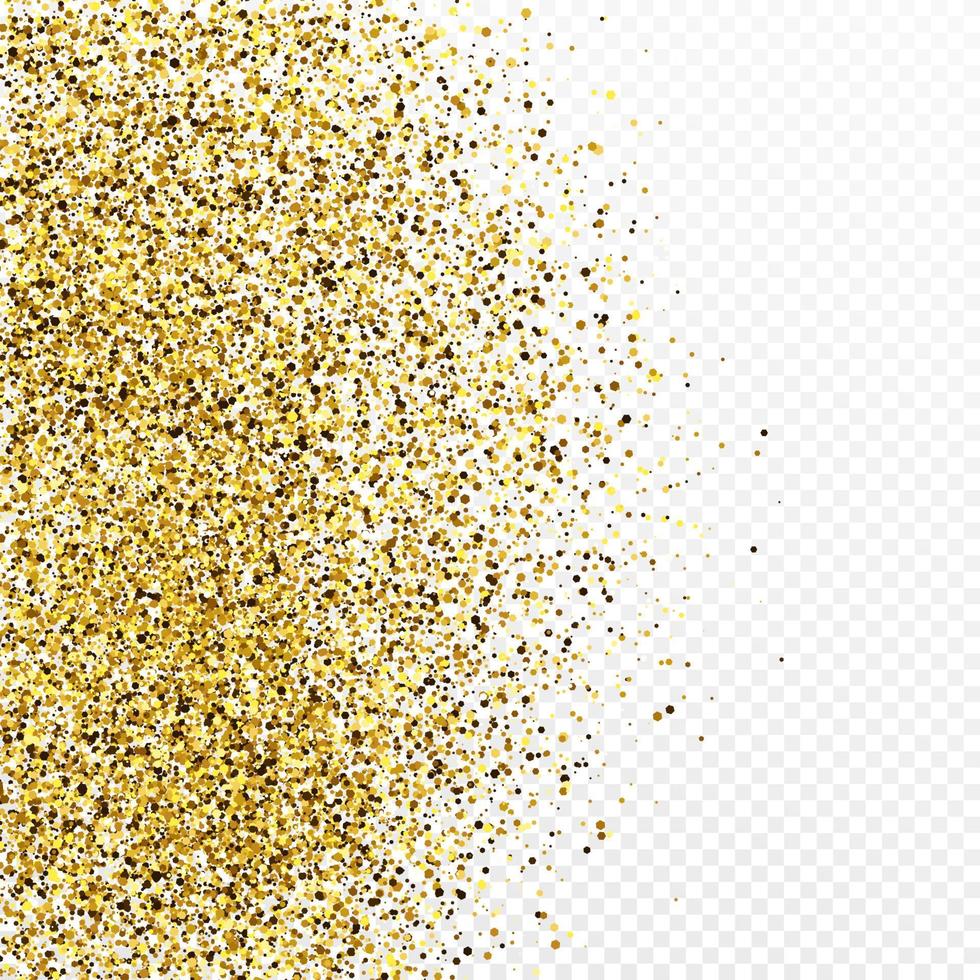 Gold glitter confetti backdrop isolated on white transparent background. Celebratory texture with shining light effect. Vector illustration.