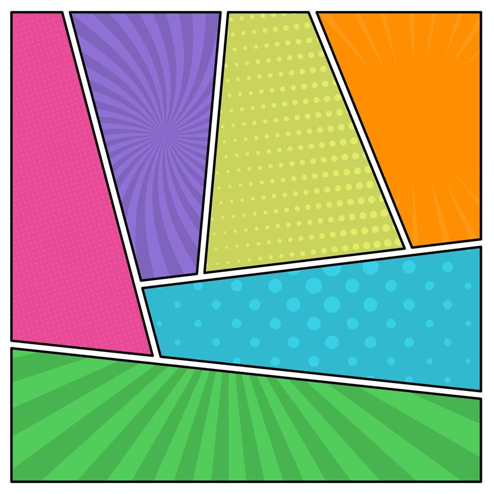 Colorful comic book page background in pop art style. Empty template with rays and dots pattern. Vector illustration