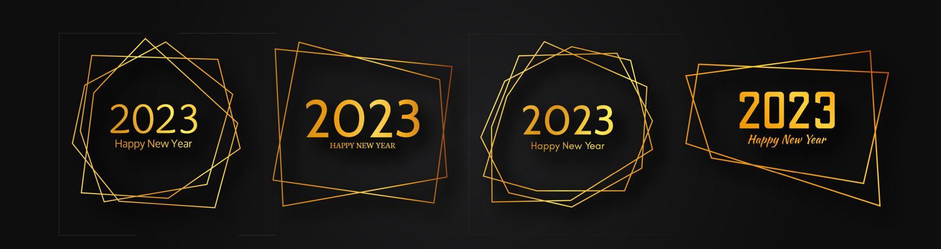 Set of 2023 Happy New Year gold geometric polygonal backgrounds. Gold geometric polygonal frame with shining effects for Christmas holiday greeting card, flyers or posters. Vector illustration