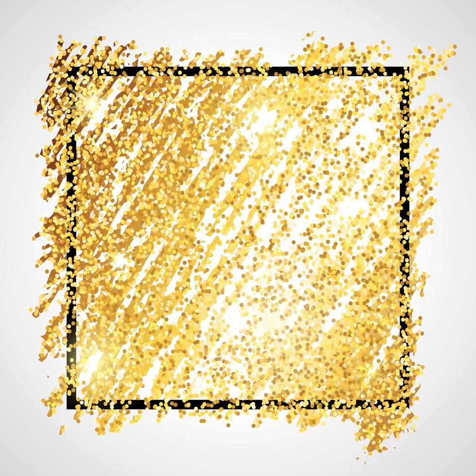 Golden Paint Glittering backdrop with black square frame on a white background. Background with gold sparkles and glitter effect. Empty space for your text. Vector illustration