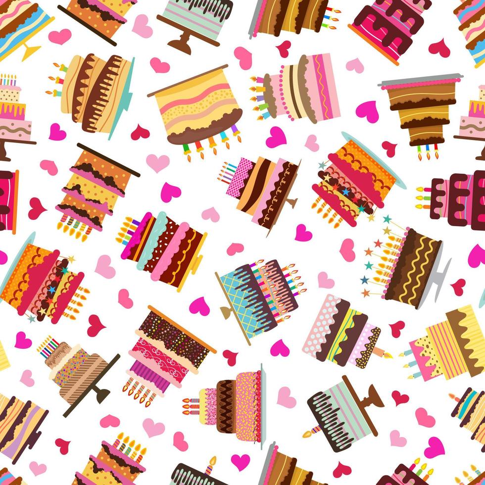 patrón sin costuras con corazones coloridos, pasteles dulces y pasteles. ilustración vectorial vector