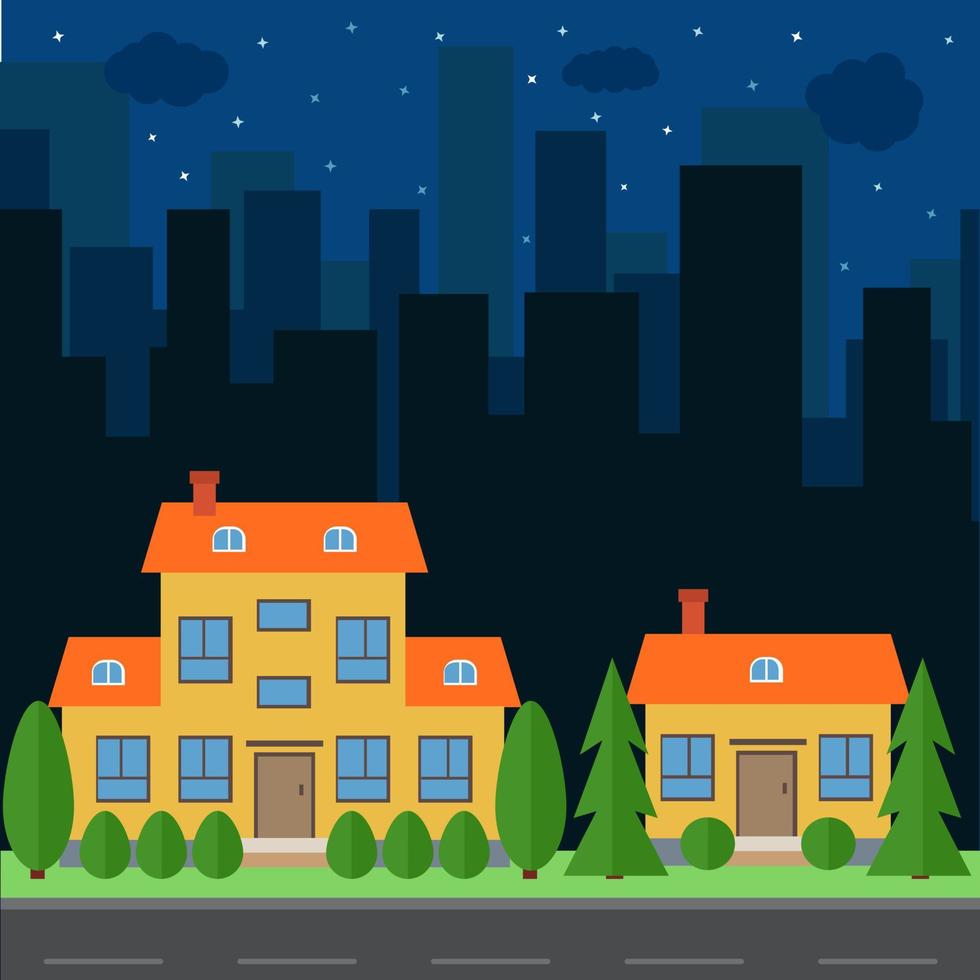 ciudad nocturna vectorial con casas y edificios de dibujos animados. espacio de la ciudad con carretera en concepto de fondo de estilo plano. vector