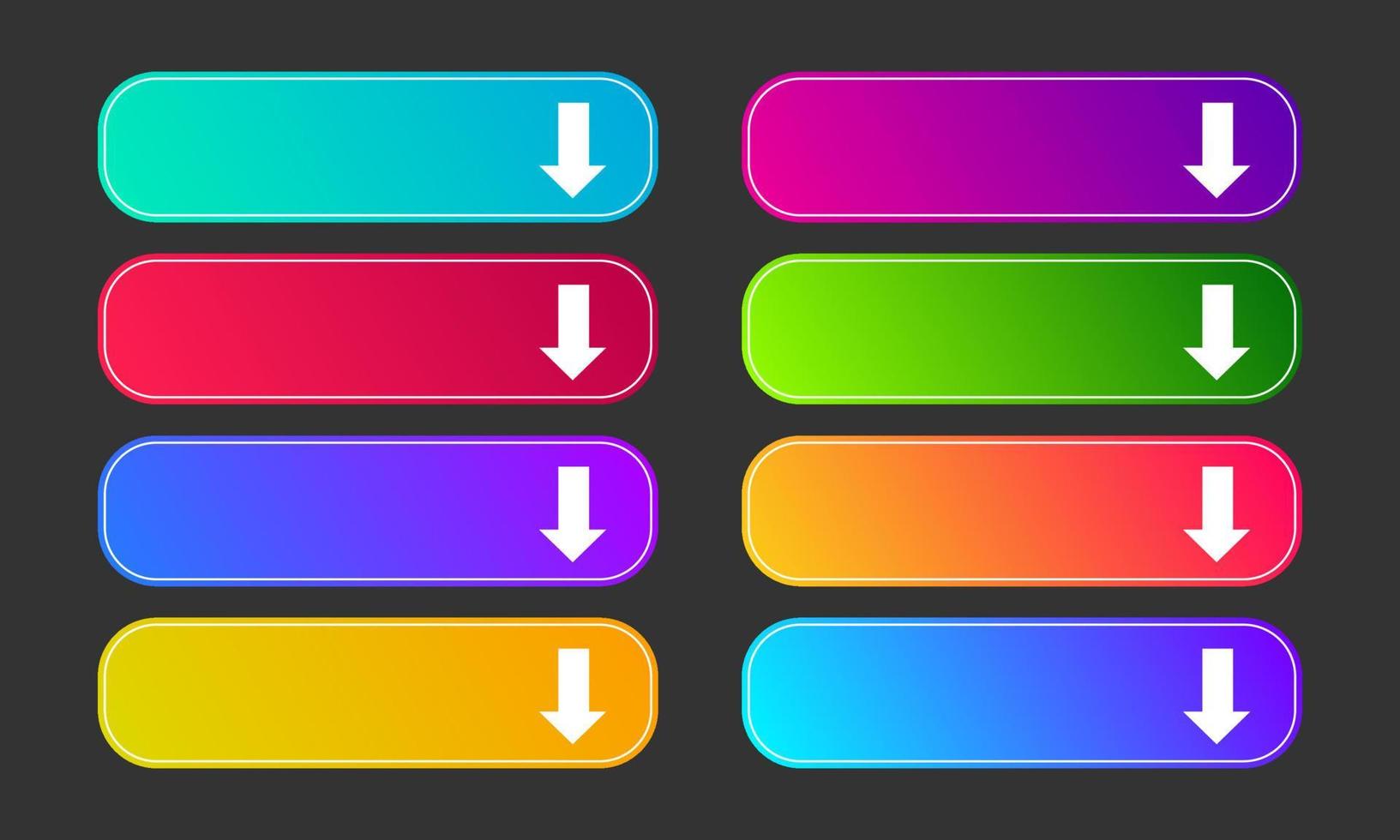 Colorful gradient buttons with arrows. Set of eight modern abstract web buttons. Vector illustration