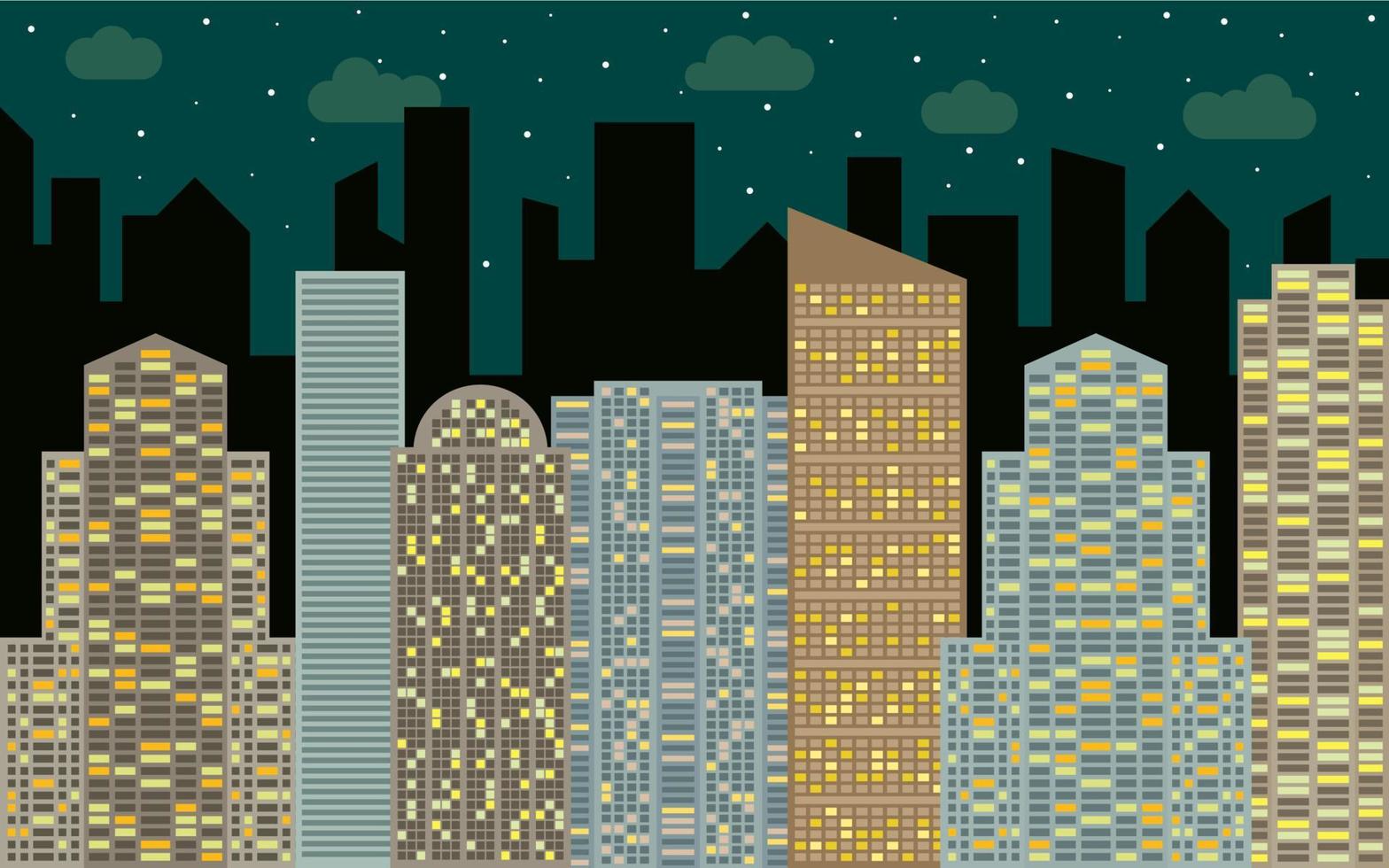 Night urban landscape. Street view with cityscape, skyscrapers and modern buildings at sunny day. City space in flat style background concept. vector