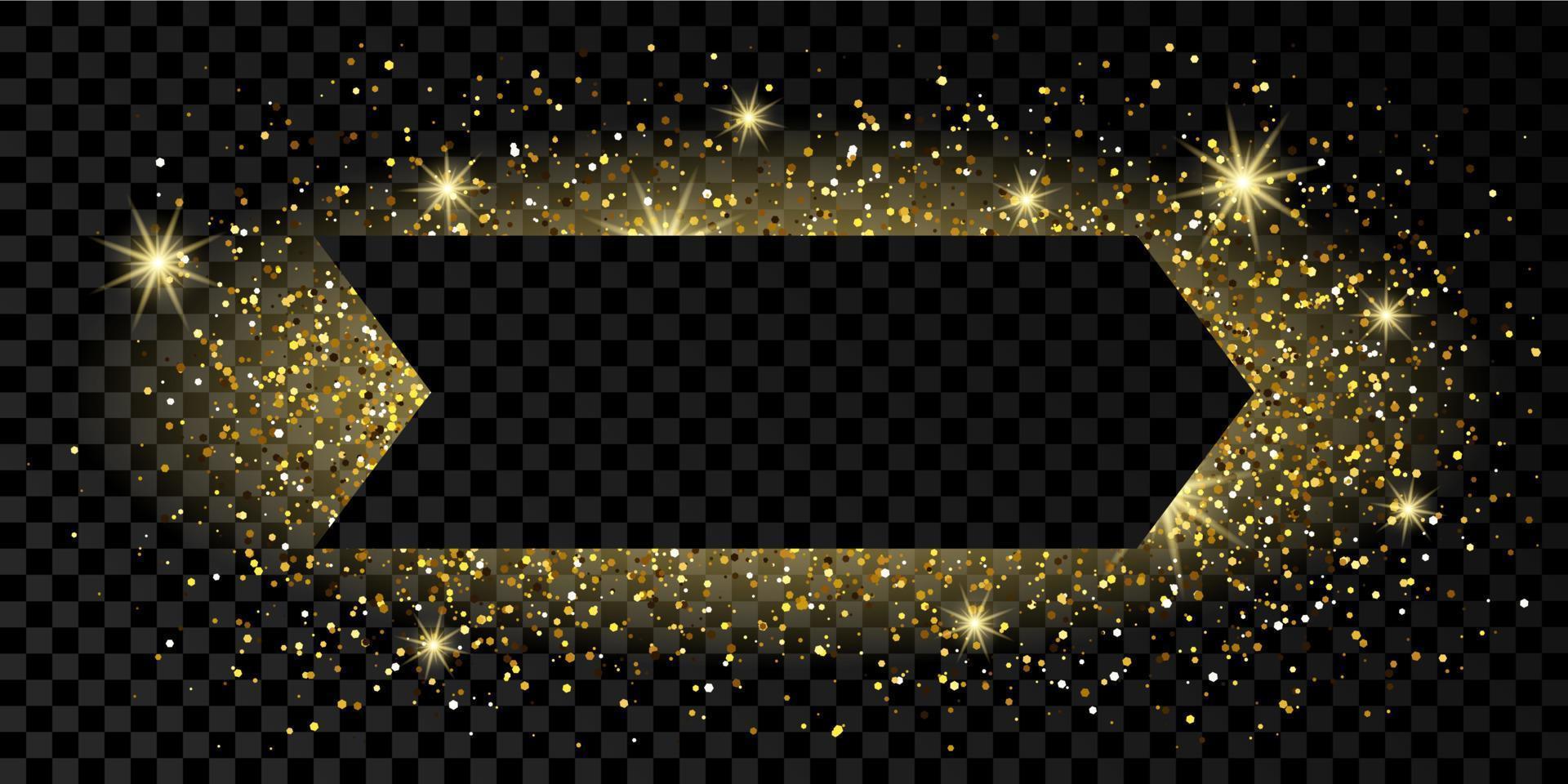 Golden arrow frame with glitter, sparkles and flares on dark transparent background. Empty luxury backdrop. Vector illustration.