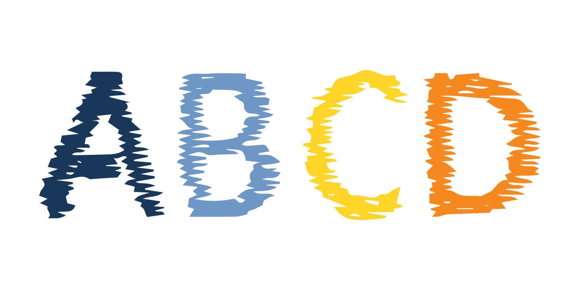 letras del alfabeto latino dibujadas a mano abcd. fuente y tipografía modernas en mayúsculas. símbolos multicolores sobre fondo blanco. ilustración vectorial vector