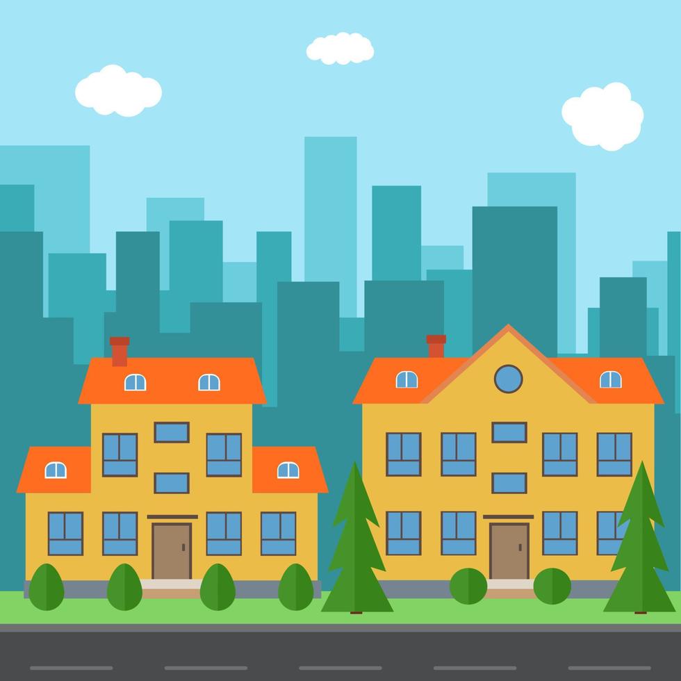 Vector city with cartoon houses and buildings. City space with road on flat style background concept. Summer urban landscape. Street view with cityscape on a background