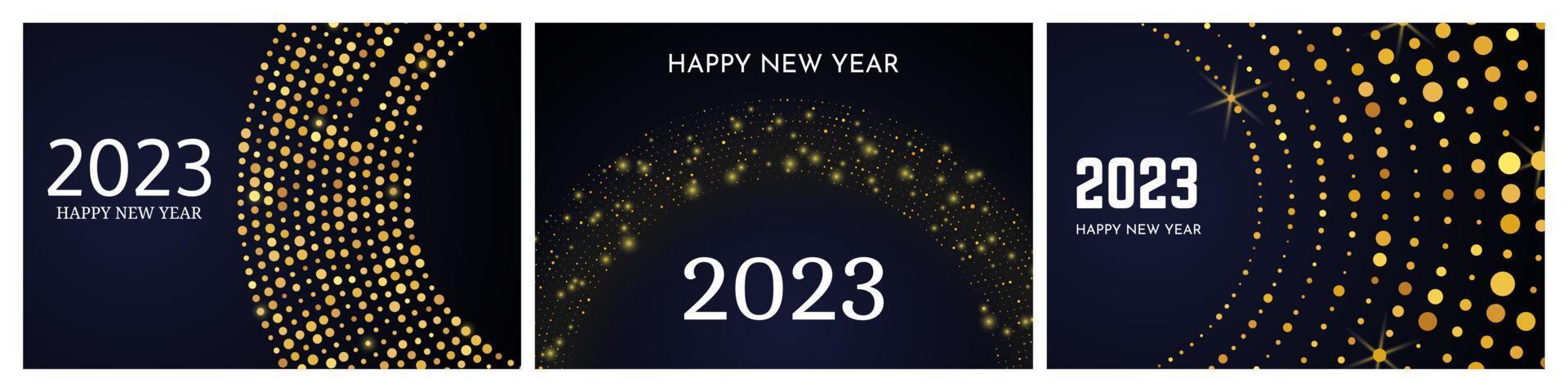 2023 Happy New Year of gold glitter pattern in circle form. Set of three abstract gold glowing halftone dotted backgrounds for Christmas holiday greeting card on dark background. Vector illustration