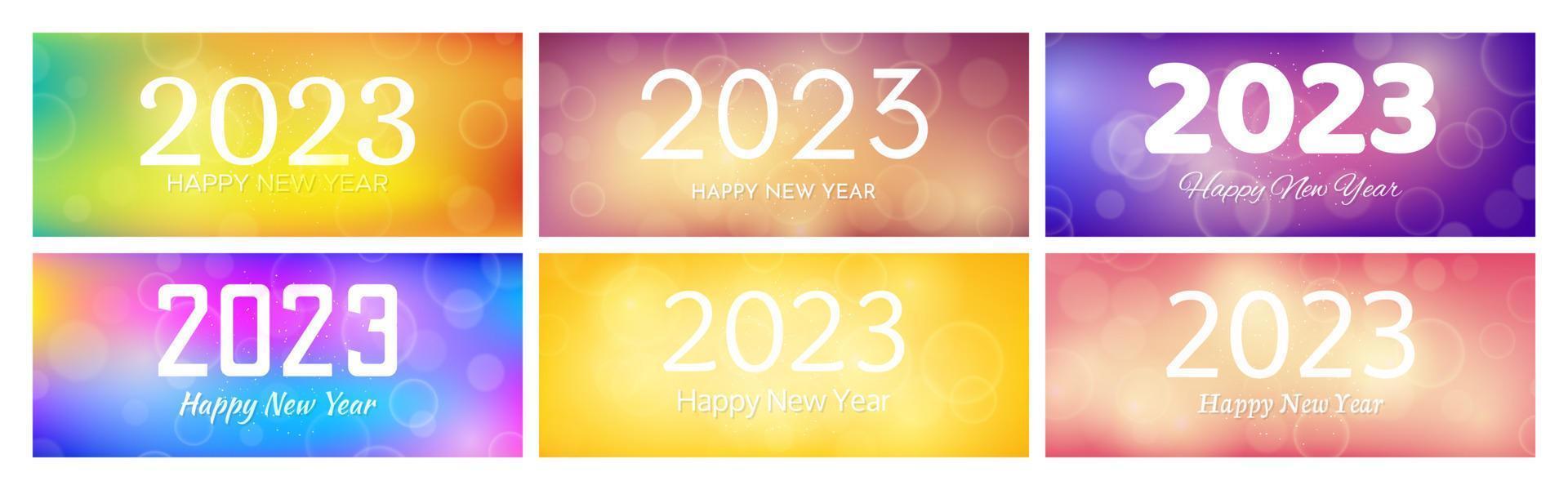 Happy new year 2023 incription on blurred background. Set of six new year background. White numbers on backdrop with confetti, bokeh and lens flare. Vector illustration