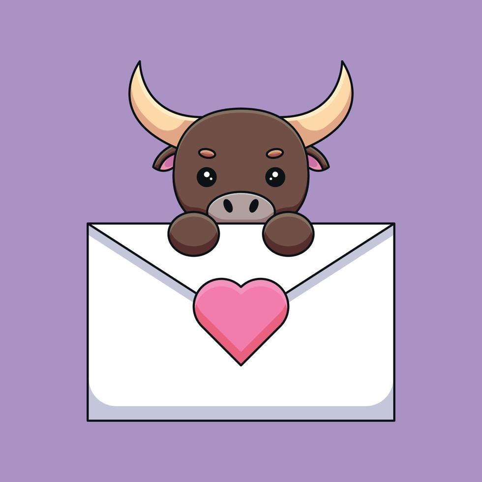 lindo toro sosteniendo una carta de amor caricatura mascota garabato arte dibujado a mano esquema concepto vector kawaii icono ilustración