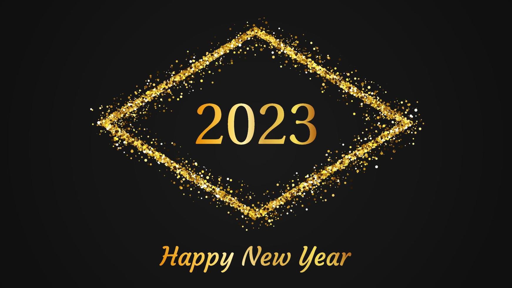 2023 Happy New Year background. Gold inscription in a gold glitter rhombus for Christmas holiday greeting card, flyers or posters. Vector illustration