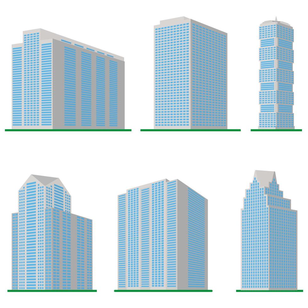 Set of six modern high-rise building on a white background. View of the building from the bottom. Isometric vector illustration.