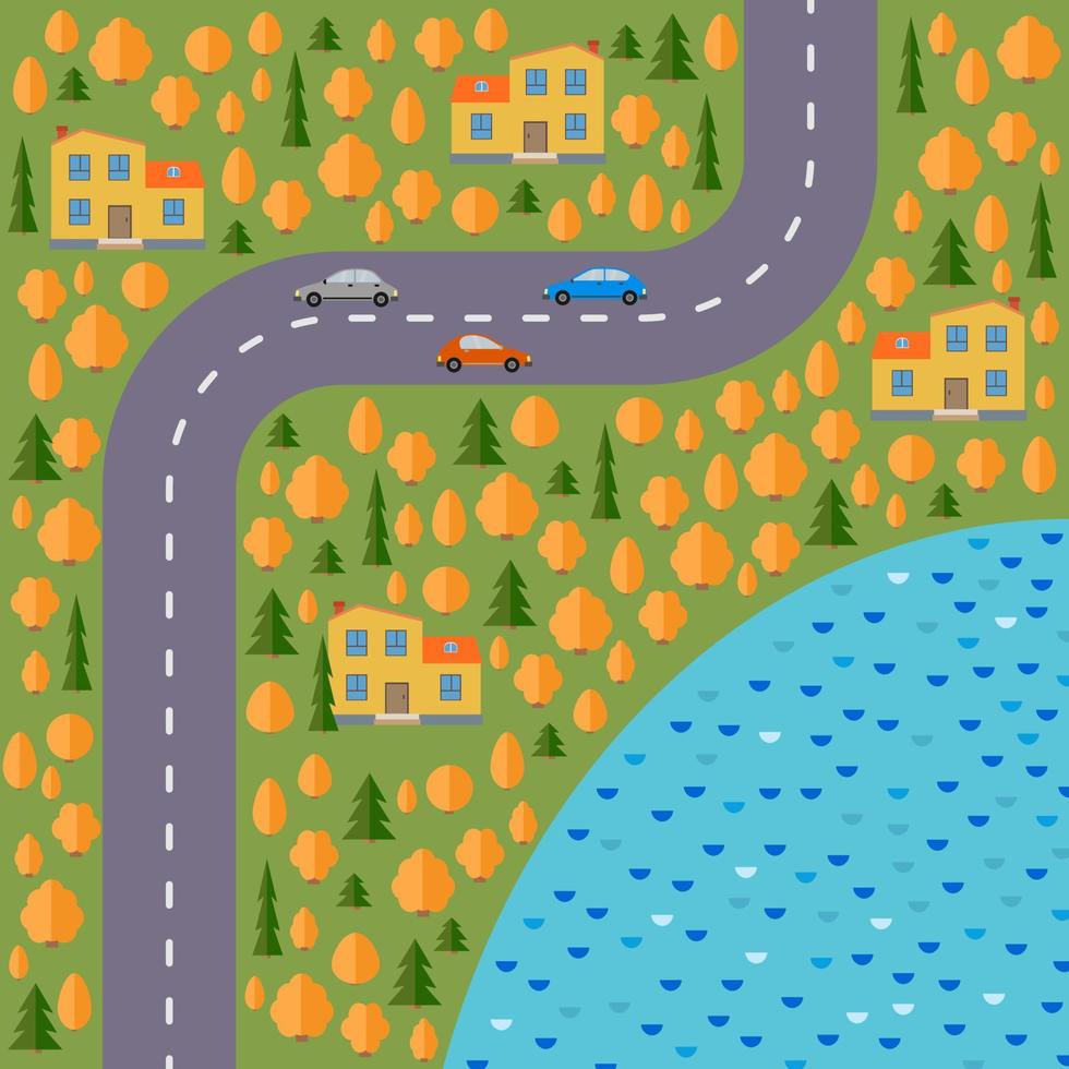 Plan of village. Landscape with the road, forest, lake, cars and houses in the autumn. Vector illustration