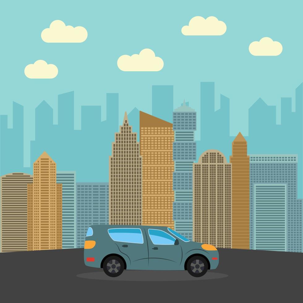 coche deportivo gris en la ciudad. automóvil sobre un fondo de rascacielos en un día soleado. ilustración vectorial vector